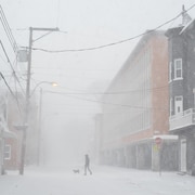 Un homme et son chien traversent une rue en pleine tempête devant une école fermée.