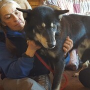 Marcelle Fressineau, conductrice de chiens de traineaux est en train de caresser un chien