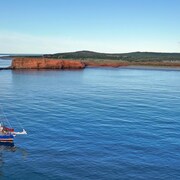 Un bateau navigue devant une île.