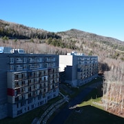 L'extérieur d'un hôtel dans la montagne, avec des teintes de gris