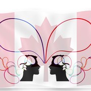 Sur un fond de drapeau canadien, image de 2 têtes d'où émanent des bulles de différentes couleur représentant les francophones canadiens. Le Canada français : réalité dépassée ou projet à redéfinir?