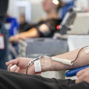 Gros plan sur le bras d'une personne qui donne du sang.