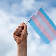 Un poing est brandi en l'air en tenant un drapeau transgenre.