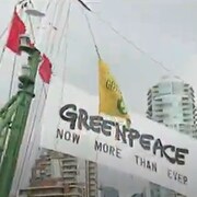 Une bannière de Greenpeace flotte à Vancouver. 