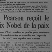 Article d'un journal du 10 décembre 1957 qui rend compte de la réception par Lester B. Pearson du prix Nobel de la paix.  