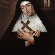 Marie de L'Incarnation tient une croix en bois dans ce portrait peint par Hugues Pommier.