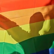 Drapeau aux couleurs LGBT tenu à bout de bras par une personne placée derrière.