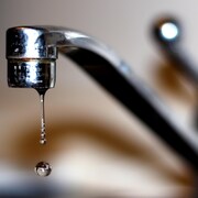 De l'eau coule d'un robinet dans une cuisine.