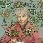 Une illustration du visage de Béatrice Picard, qui joue le personnage de Marguerite, avec un fond vert-gris et des dessins de feuilles. 