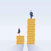 Illustration d'un homme sur une pile de pièces de monnaie troi fois plus haute que la pile de pièces sur laquelle se trouve une femme.