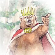 Illustration d'un ours portant une couronne et une cape, levant un doigt vers le ciel, les yeux 
