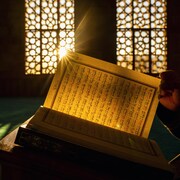 Une personne lit un livre écrit en arabe.