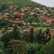 Vue sur une centaines de maisons brunes entourées d'arbres sur une colline au Rwanda.