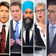 Montage montrant les visages des six chefs des principaux partis politiques au fédéral lors d'un débat. 