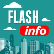 Le libellé « Flash info » inscrit sur le ciel dans une illustration qui contient aussi la silhouette d'une ville.
