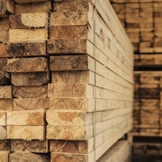 Plusieurs piles de planches de bois.