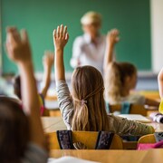 Des élèves lèvent la main dans une classe.