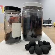 Des briquettes rondes et noires dans deux bocaux.