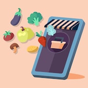 Une illustration qui représente l'achat d'épicerie en ligne montre plusieurs légumes sortant d'un téléphone cellulaire.