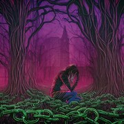 Illustration d'une jeune femme entourée de chaînes dans une forêt près d'un centre-ville