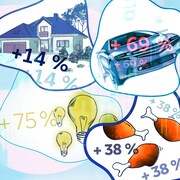 infographie montrant qu'un loyer a augmenté de 14%, une voiture d'occasion de 69%, le prix de l'électricité de 75% et les pilons de poulet de 38%. 