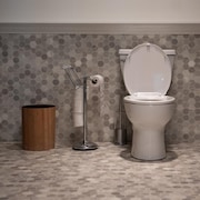 Une toilette aux côtés de laquelle se trouve une poubelle et du papier de toilette.