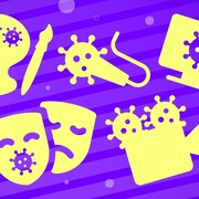 Illustration de plusieurs pictogrammes où certains de leurs éléments ont été remplacés par des symboles de virus, dont une caméra vidéo, un micro, un ordinateur, des masques de théâtre et une palette de peinture.