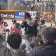 Des partisans debout encouragent les joueurs de hockey qui se battent lors de la finale de hockey sénior à Miramichi.