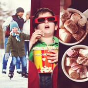 Montage photo d'une famille qui fait du patin à glace, d'un jeune garçon au cinéma et de tasses de chocolat chaud.
