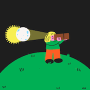 Une illustration d'une personne, le dos tourné au soleil, qui regarde une éclipse avec une boîte.