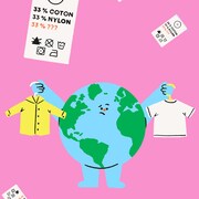 Une illustration de la planète Terre incertaines qui tient deux chandails, entourée d'étiquettes de vêtements.