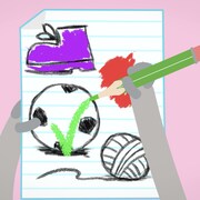 Illustration. Gros plan sur une feuille de cahier sur laquelle sont dessinés : un ballon de foot, une chaussure, une pelote de laine et une tache rouge. Un personnage tient la feuille et un crayon et coche le ballon en vert.
