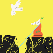Une illustration d'une faille dans la terre, le drapeau marocain tombé avec deux colombes qui volent.