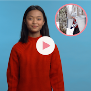 Emma Bao Linh est debout devant un arrière-plan, à côté d'une photo de la tire d’érable sur la neige, un bouton « Jouer » et le logo de la Minute MAJ.