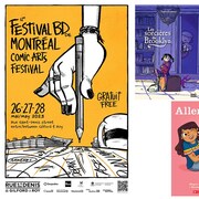 On voit cinq BD colorés et l'affiche orange du festival de BD de Montréal qui aura lieu les 26, 27 et 28 mai 2023 sur la rue Saint-Denis. 