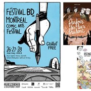 On voit cinq BD colorés et l'affiche du festival de BD de Montréal qui aura lieu les 26, 27 et 28 mai 2023 sur la rue Saint-Denis. 