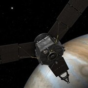 Artist concept of Juno approaching Jupiter after a trip of close to 3 billion kilometers through space.