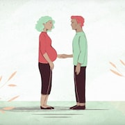 Une illustration d'une femme enceinte tenant la main à un homme. 