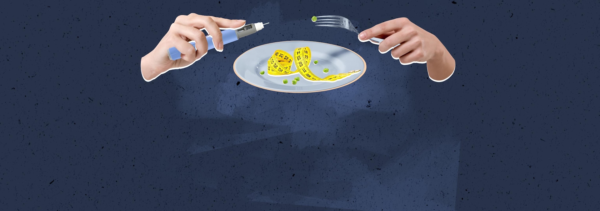 Illustration : deux mains au dessus d'une assiette ayant comme contenu un ruban à mesurer et quelques petits pois verts ; la main gauche porte un stylo ozempic et la main droite, une fourchette