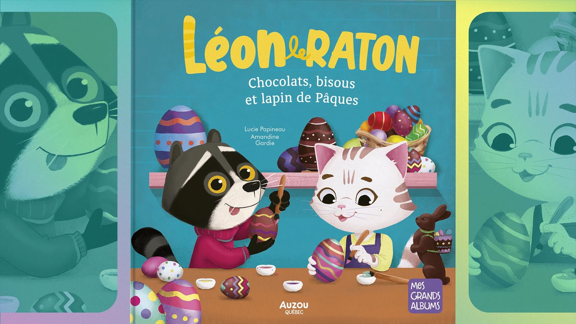 Illustration of a raccoon and a cat coloring Easter eggs.