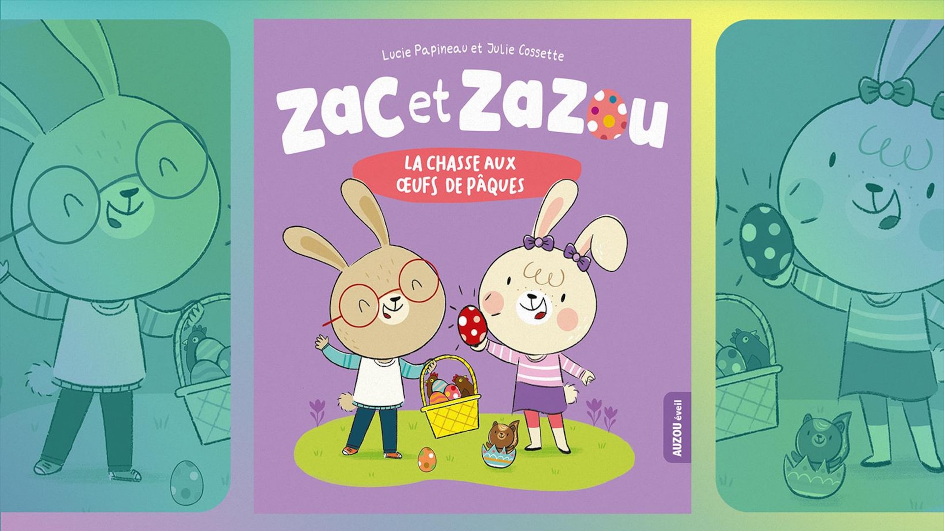 Illustration of two rabbits handling eggs.