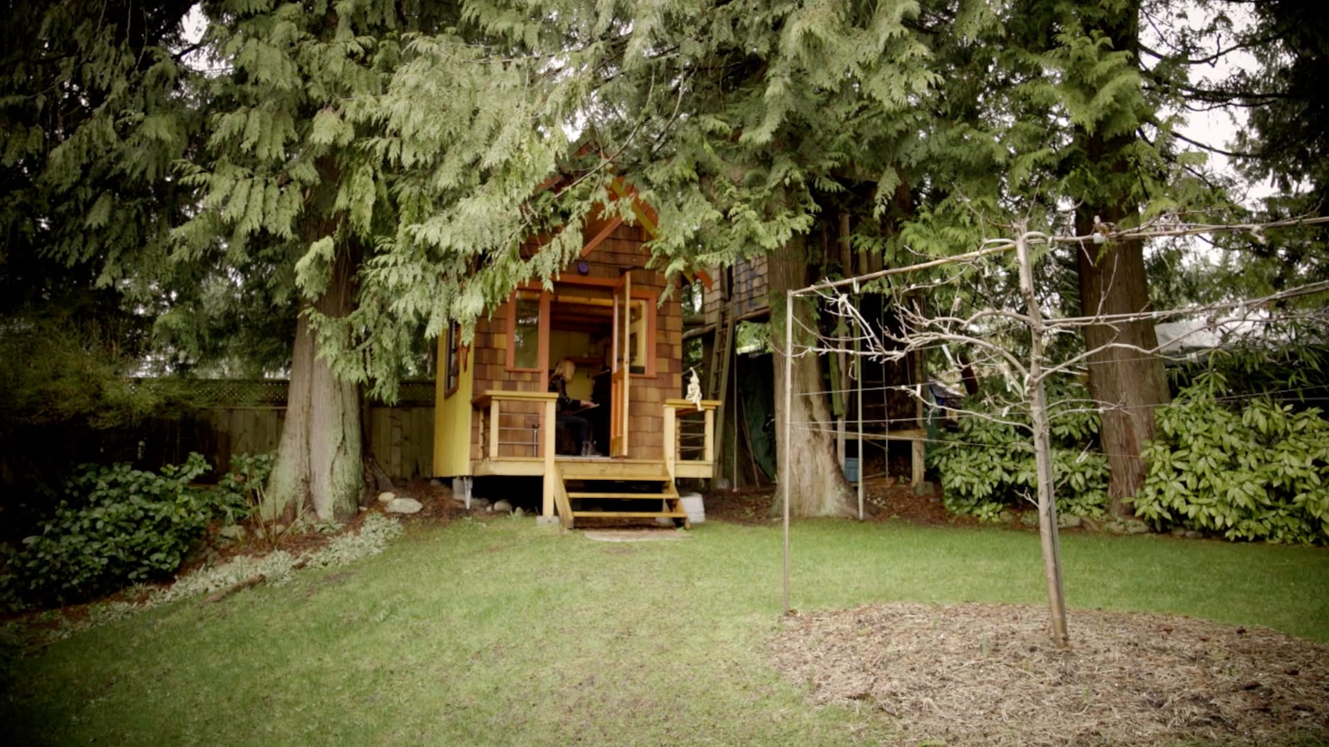 Sous des arbres conifères, une petite maison de bois dans laquelle on y voit la musicienne Anna Lumière assise à son piano.