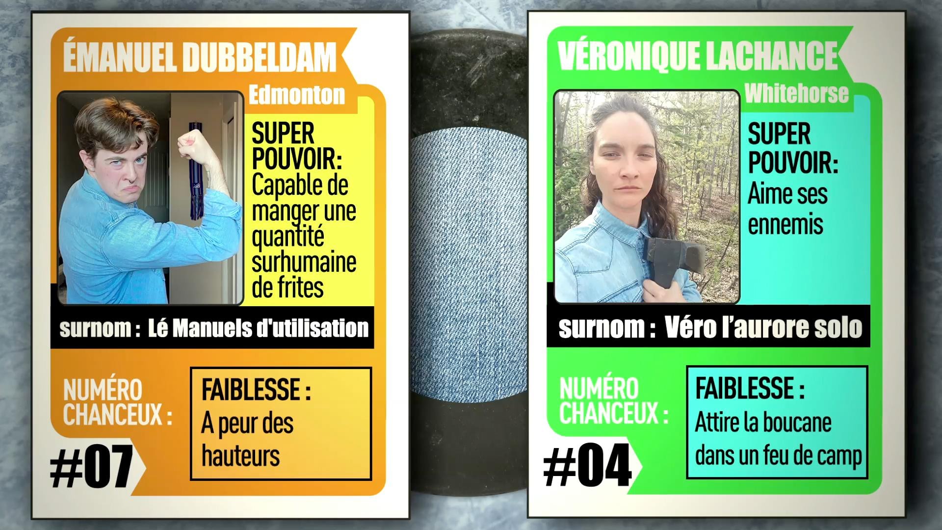 En format de carte de hockey, les joueurs de l'équipe des bleus jeans d'IMPROVISIO 2 : Émanuel Dubbeldam et Véronique Lachance.
