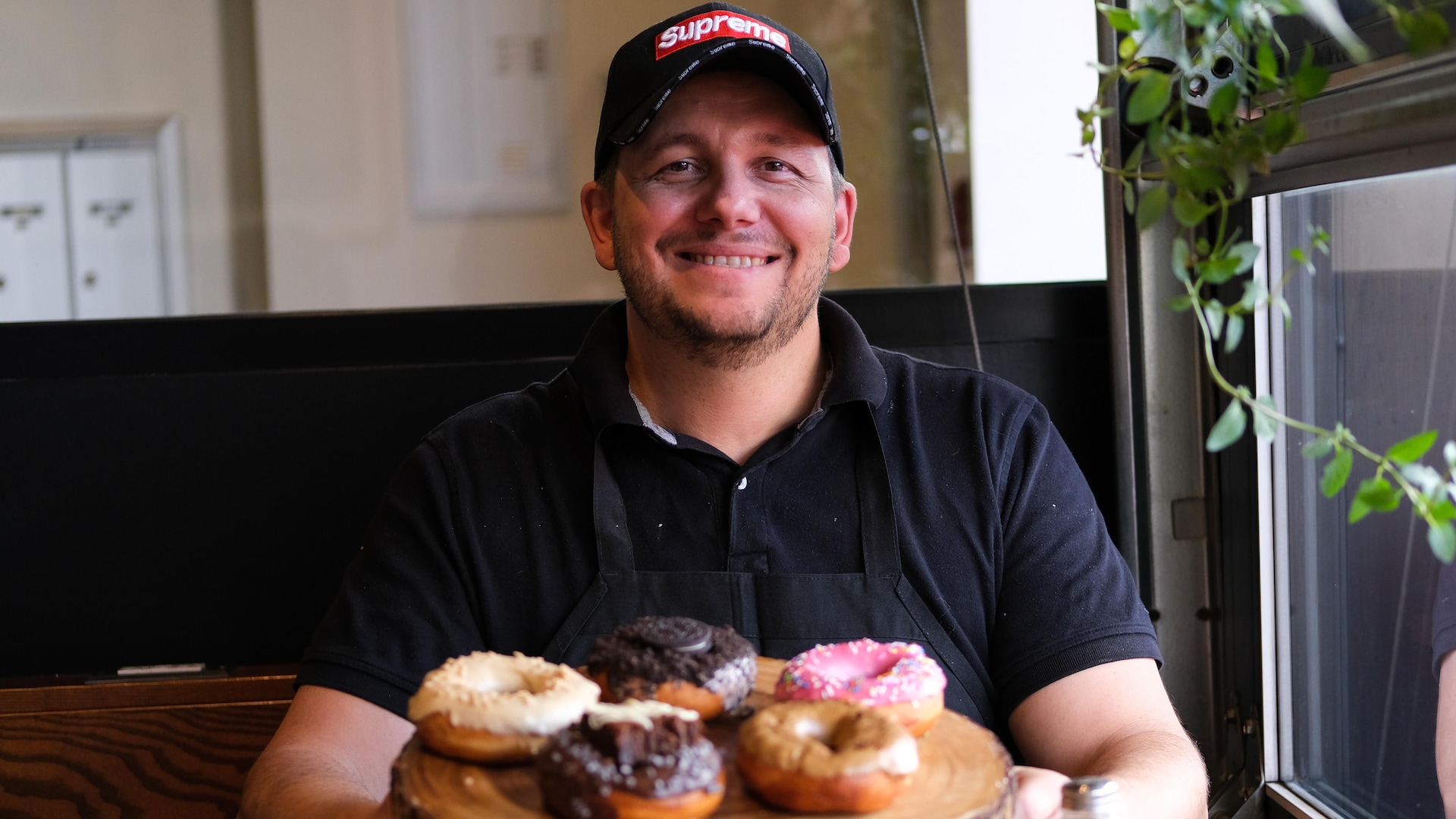 Chef Stéphane Breton poses proudly in front of his sweet creations. Chef Stéphane Breton poses proudly in front of his sweet creations.