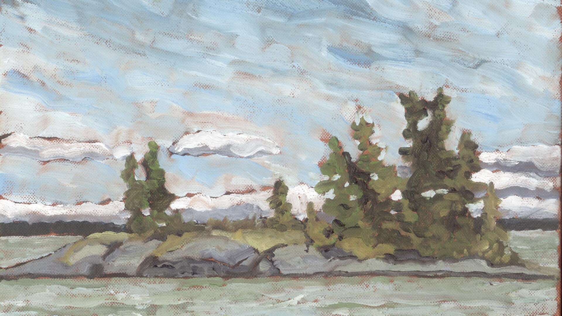 « After the rain », toile de David MacNair. représentant une île sous un ciel buageux.