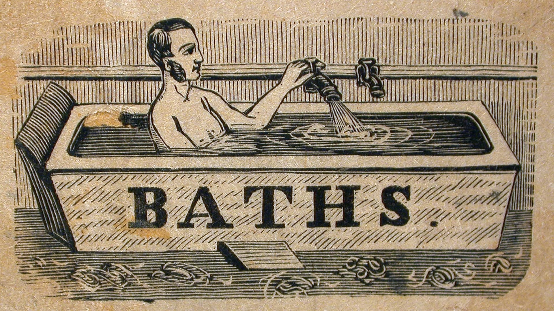 Un homme immergé jusqu'au torse actionne le robinet d'un bain public dans une gravure tirée d'un magazine du 19e siècle.
