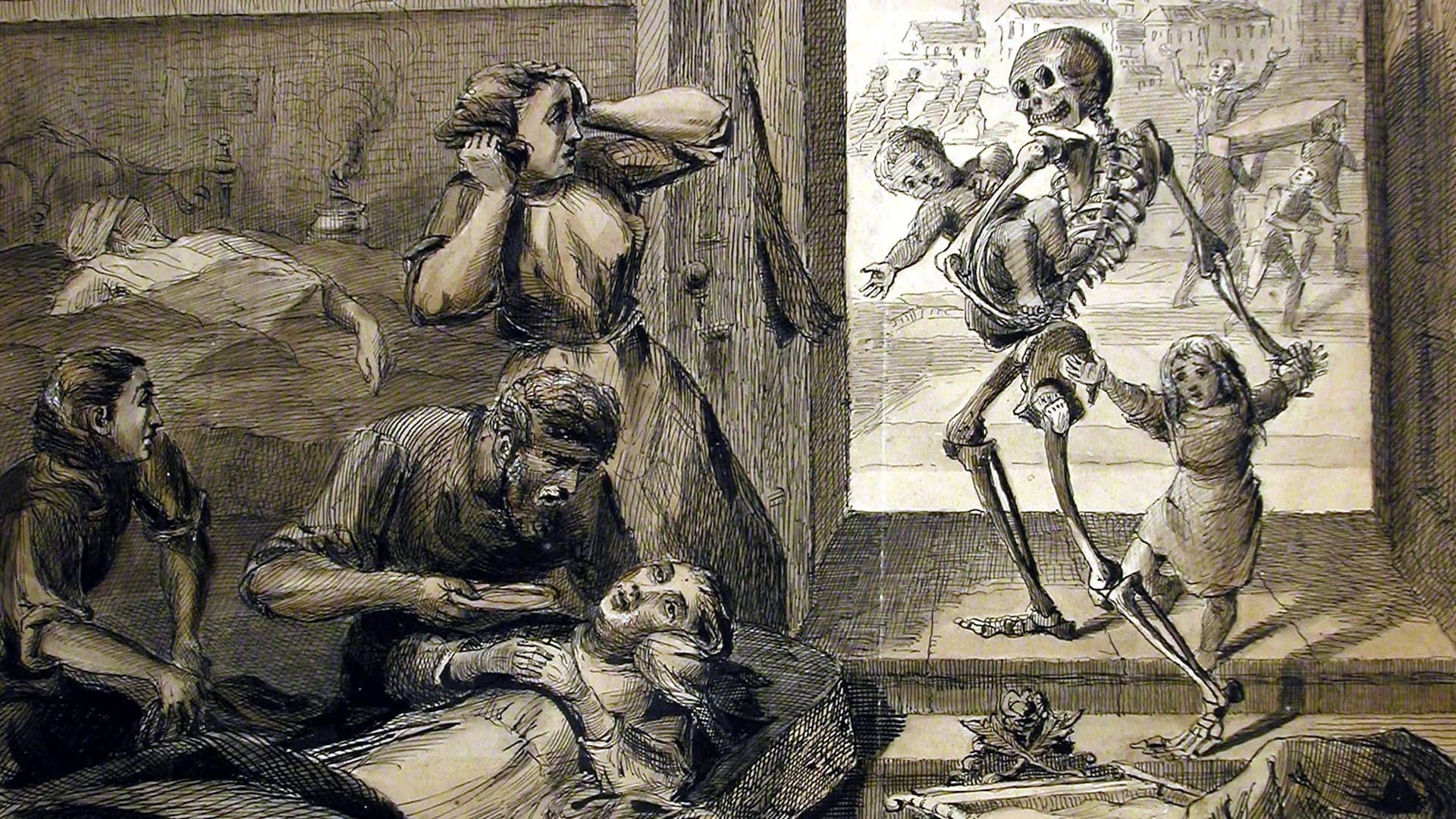 La mort, représentée par un squelette, emporte deux jeunes enfants vers la nuit sous les yeux de leur famille éplorée. La mort, représentée par un squelette, emporte deux jeunes enfants vers la nuit sous les yeux de leur famille éplorée.