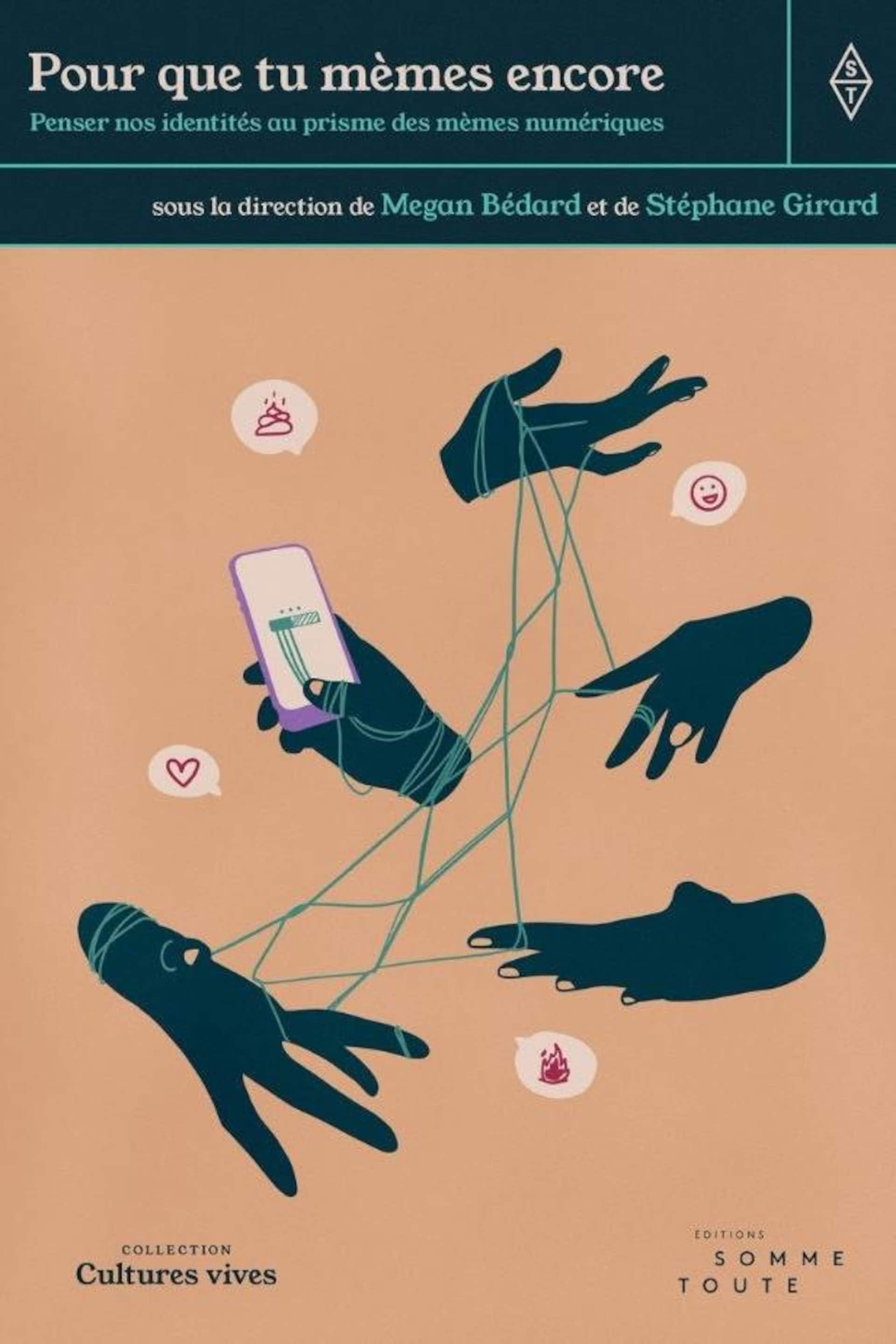 Couverture d'un livre qui montre une illustration de mains, de ficelles et d'un téléphone intelligent. 