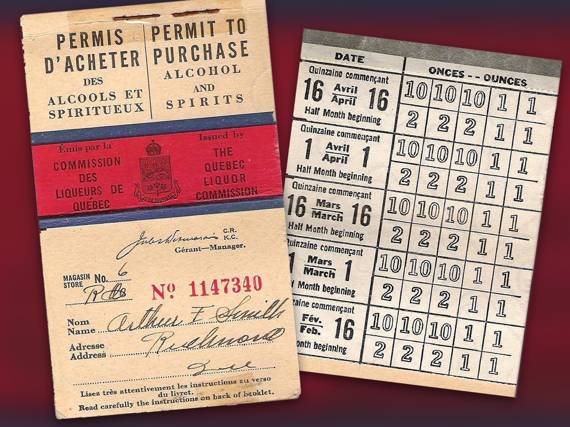 Un carnet de rationnement pour l'alcool, émis par la Commission des liqueurs, durant la Seconde Guerre mondiale. Les quantités d'alcool qu'on pouvait se procurer étaient calculées en onces. Un carnet de rationnement pour l'alcool, émis par la Commission des liqueurs, durant la Seconde Guerre mondiale. Les quantités d'alcool qu'on pouvait se procurer étaient calculées en onces.