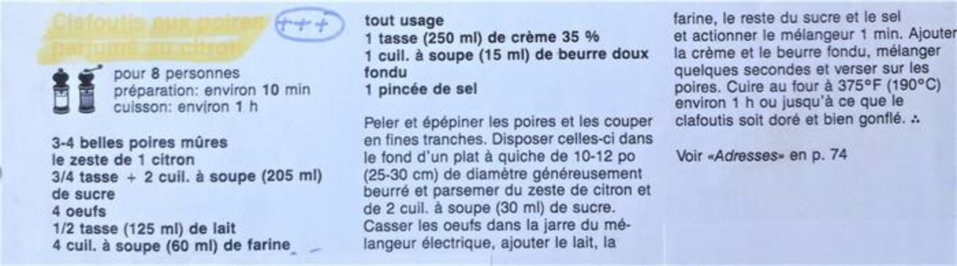 Poires, zeste de citron, sucre, oeufs, lait, farine, crème, beurre doux et sel sont les ingrédients requis pour cuisiner un clafoutis. Poires, zeste de citron, sucre, oeufs, lait, farine, crème, beurre doux et sel sont les ingrédients requis pour cuisiner un clafoutis.